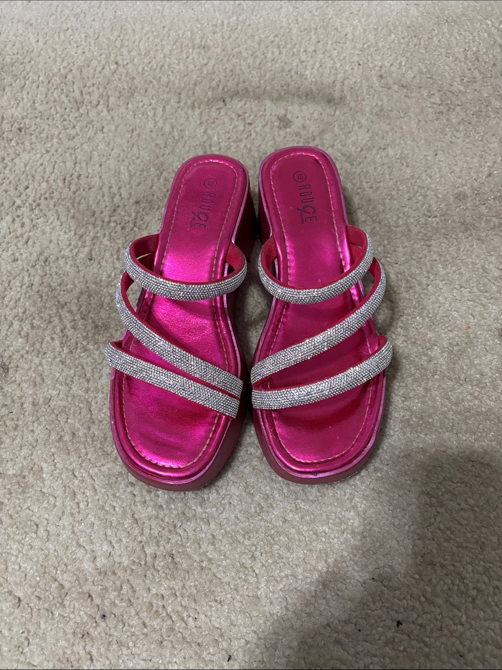 Hot Pink Rhinestone Triple-Strap Slide Mules